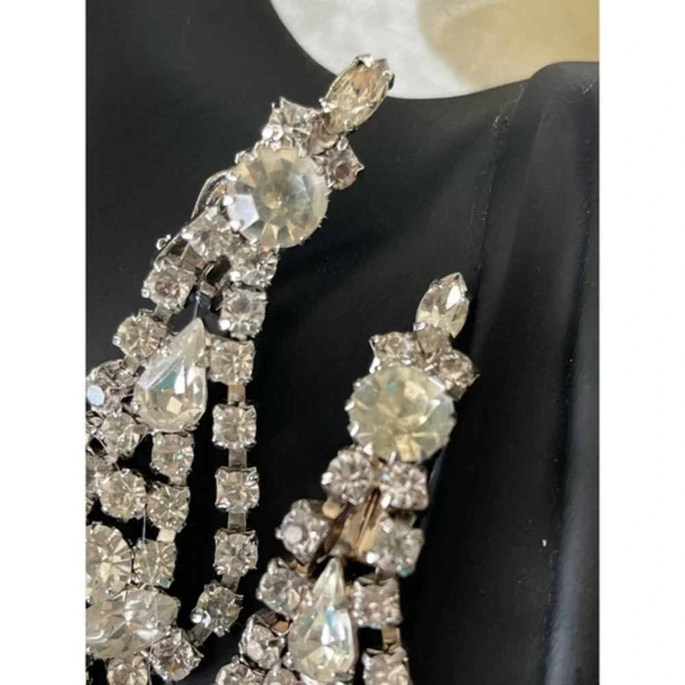 Vintage 60s Demi-Parure Set of Rhinestone Chandelier Earrings & Tennis Bracelet